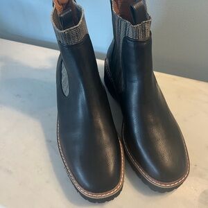 Yellow box Black Ankle Boots with tan and brown accents